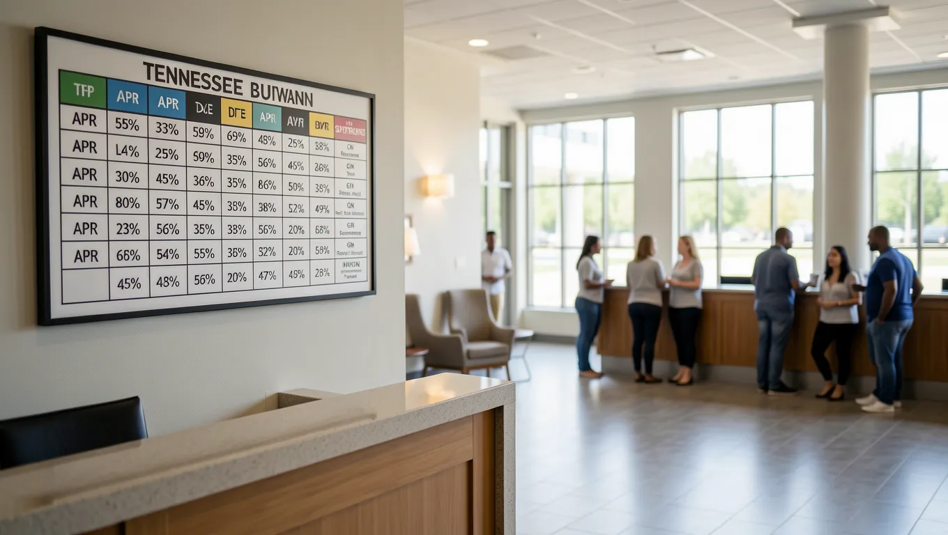 Tennessee bank branch interior with APR rate comparison board