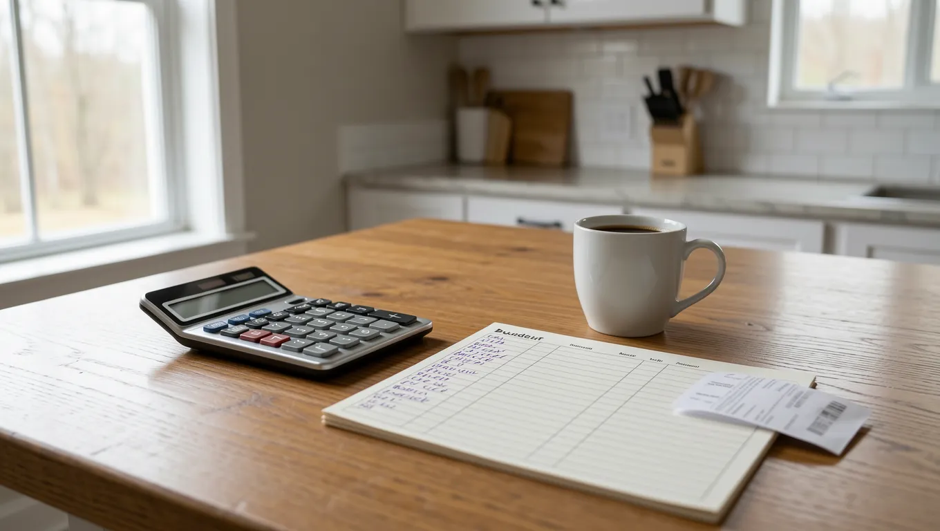 Personal finance budgeting tools on a wooden table