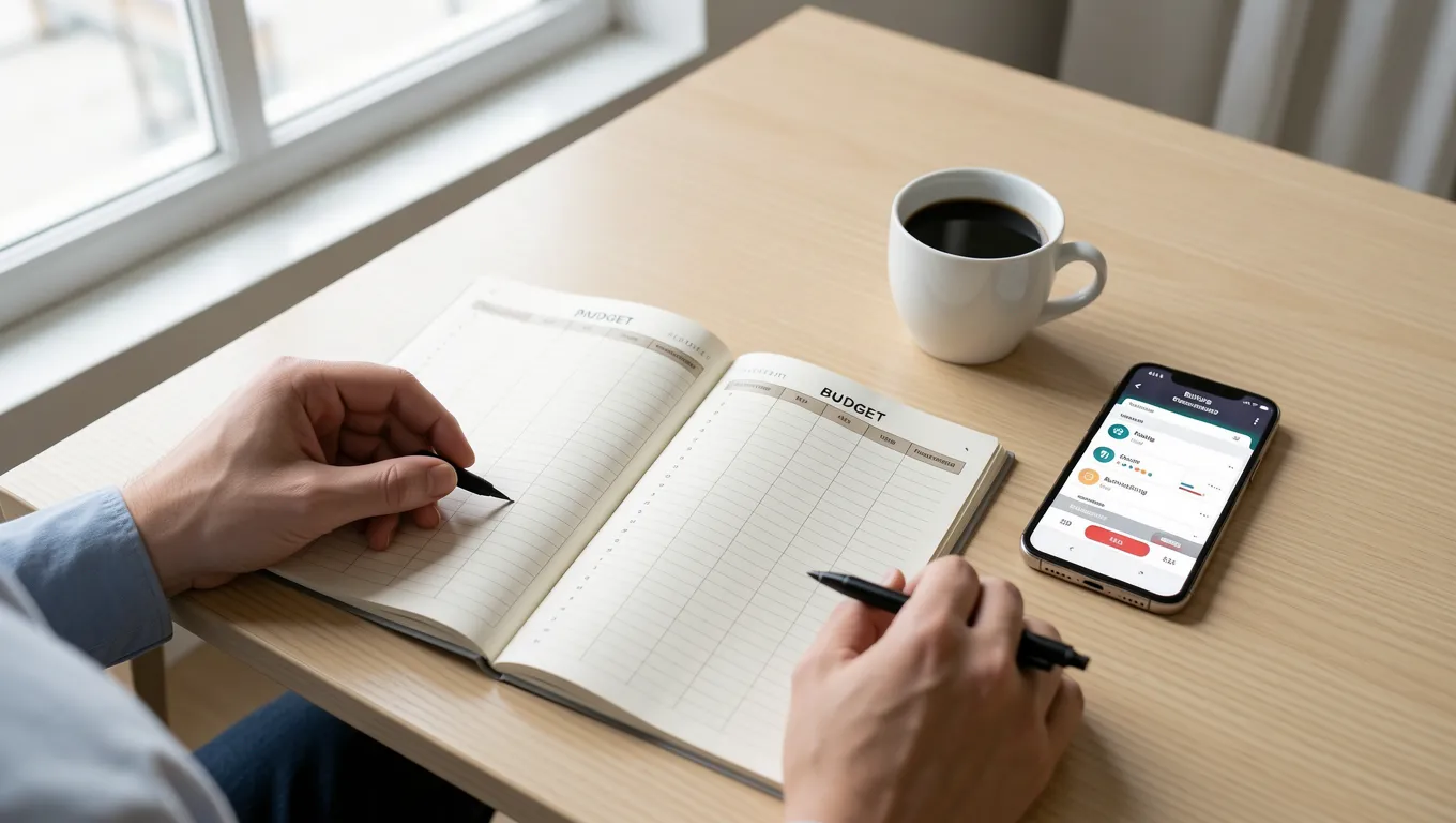 Person reviewing personal finance budget and loan planning tools