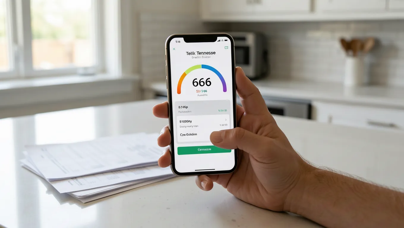 Tennessee resident checking credit score on phone showing 666