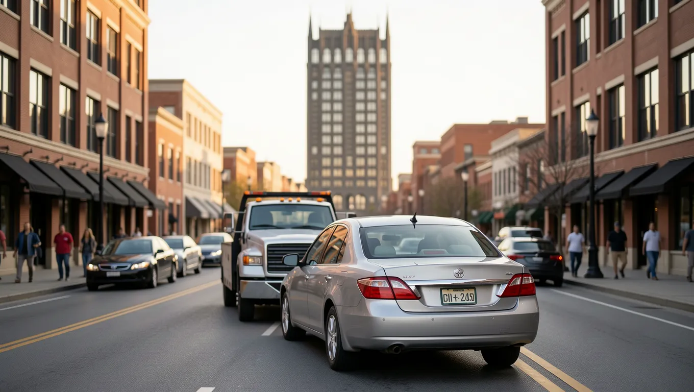 A car being towed on a Nashville street near the skyline