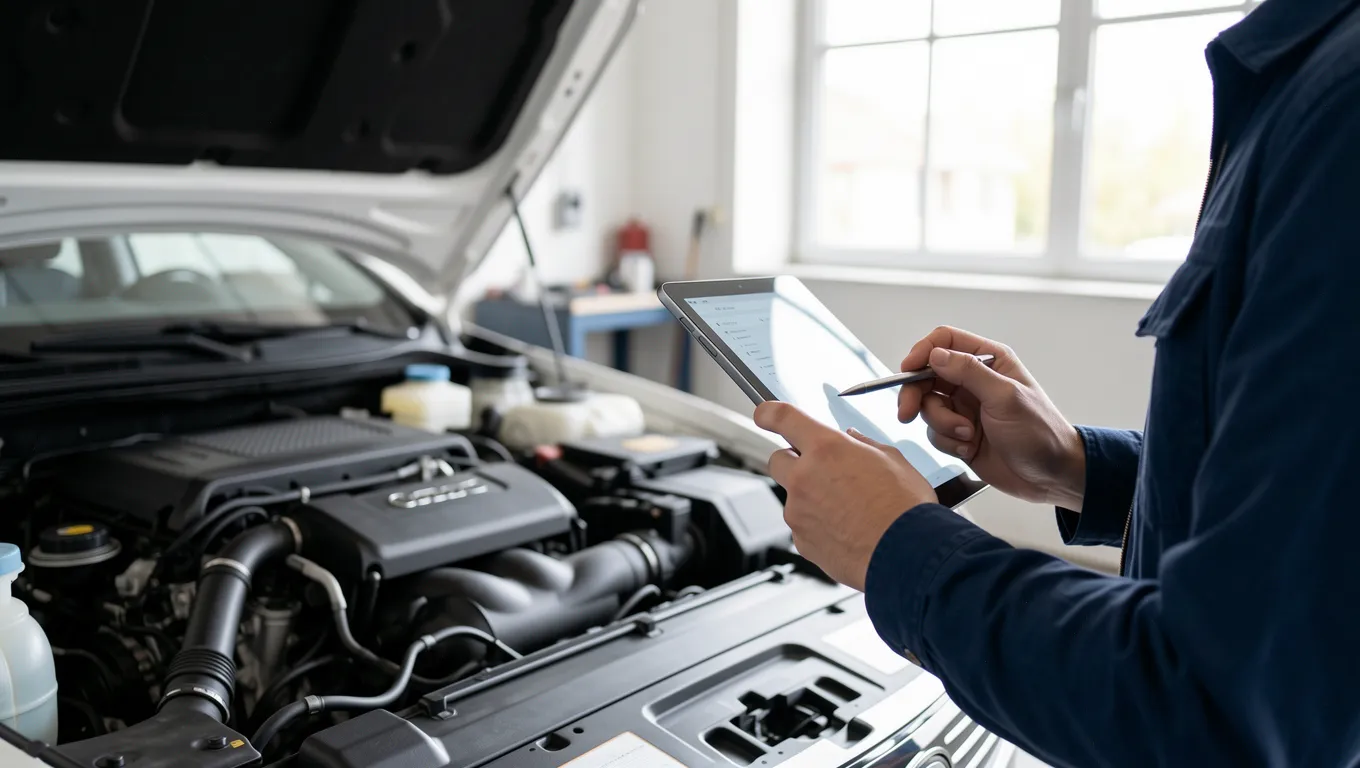 Mechanic showing an auto repair estimate on a digital tablet