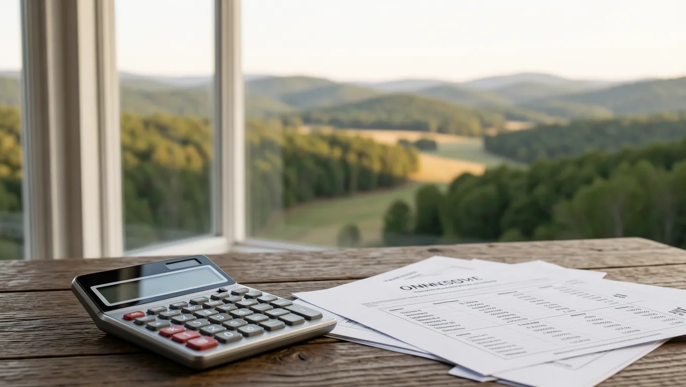 Financial planning tools on a wooden table near a window