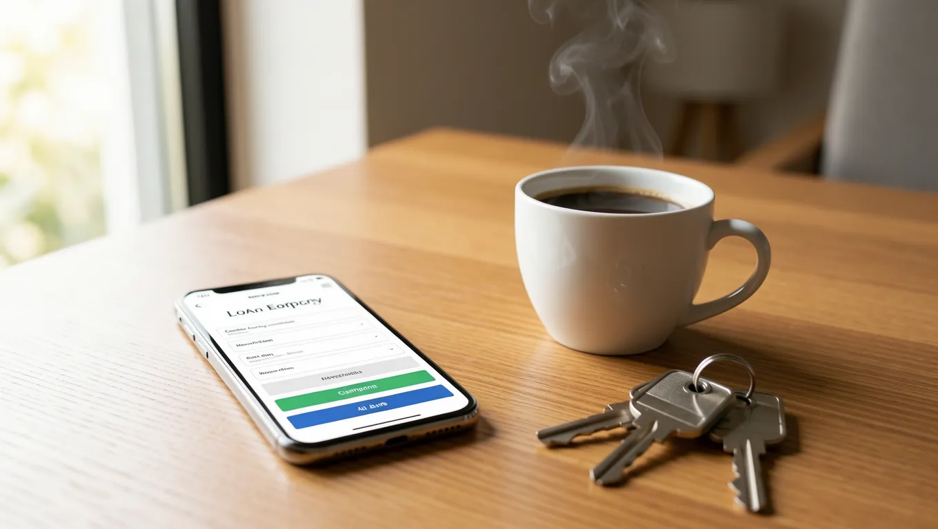 Smartphone showing a digital loan application near coffee