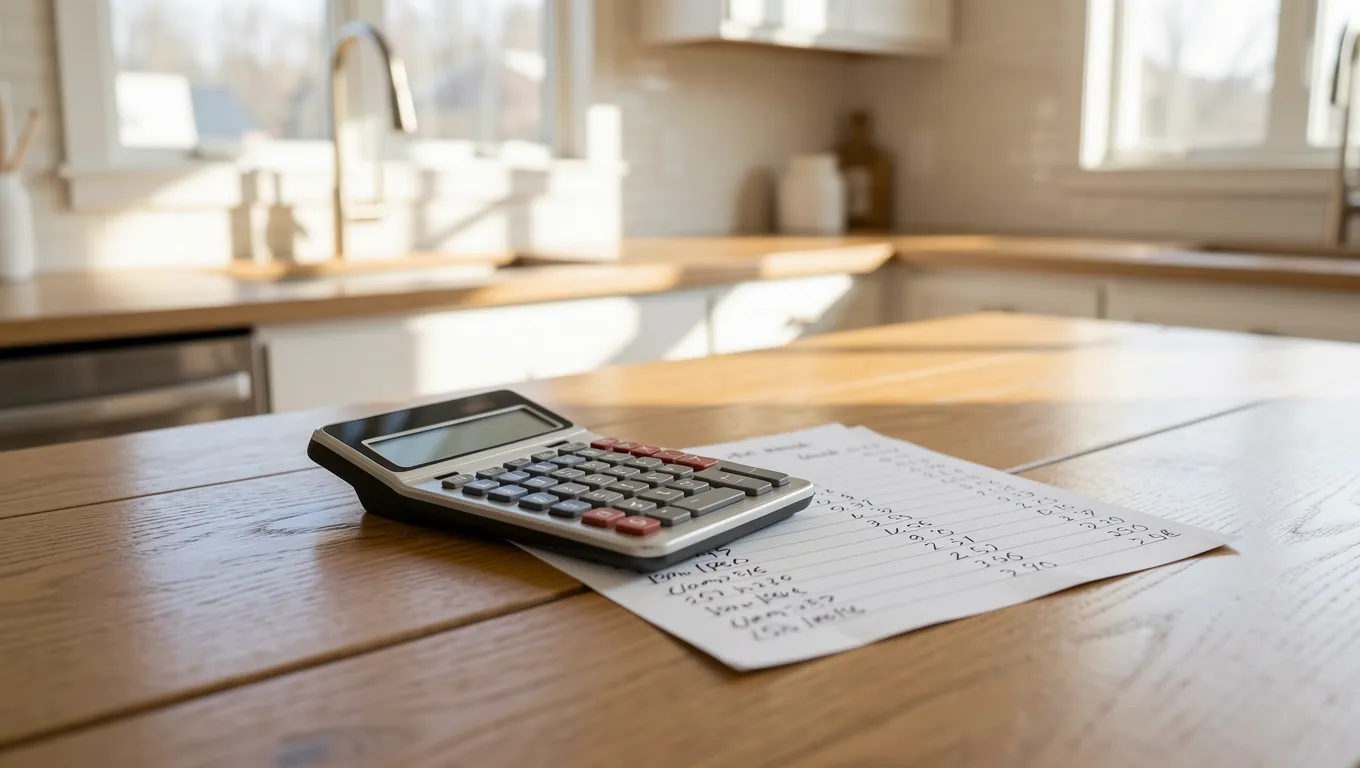 A calculator and handwritten budget on a sunny kitchen table