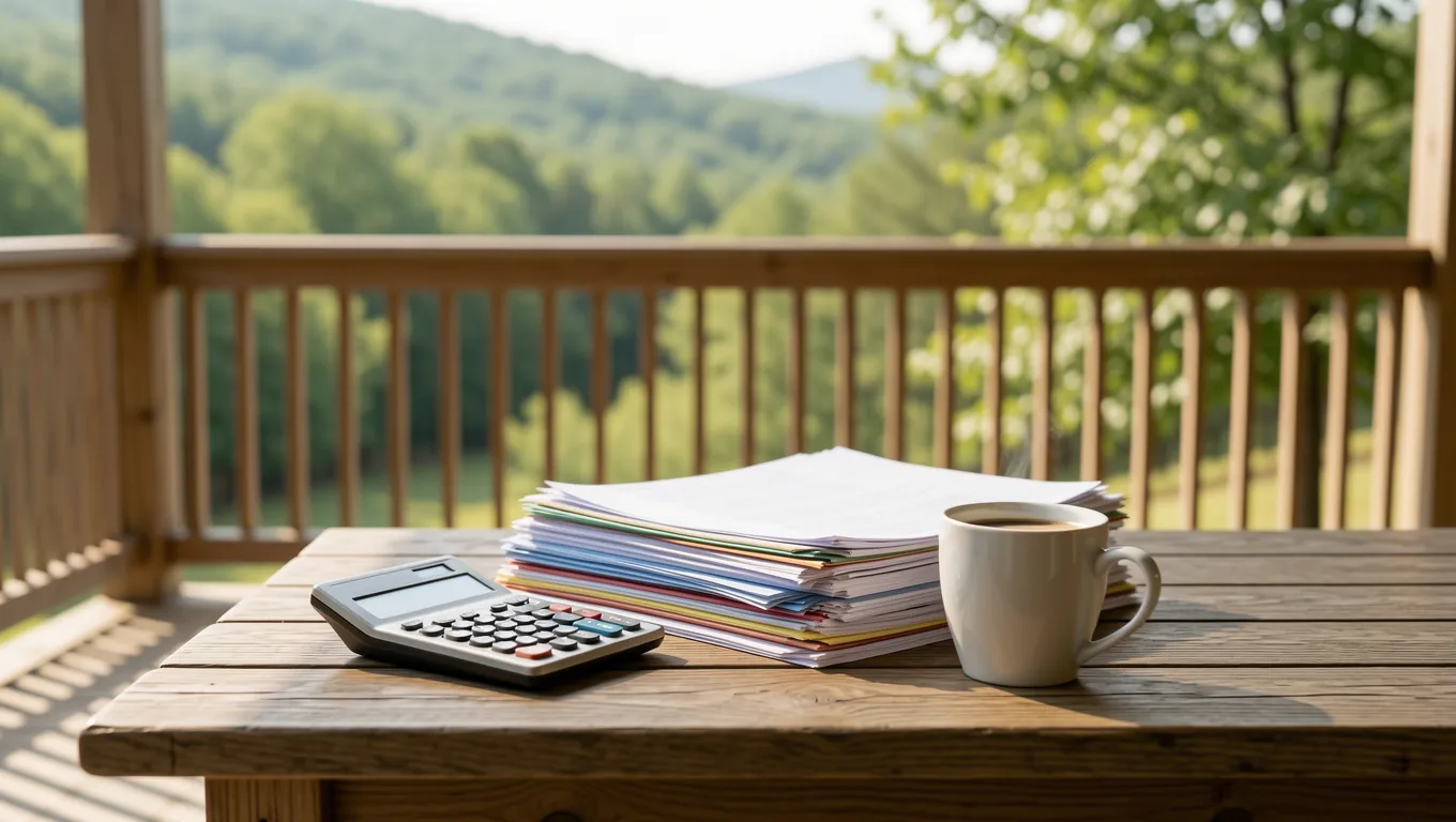Financial planning tools set on a sunny Tennessee porch table