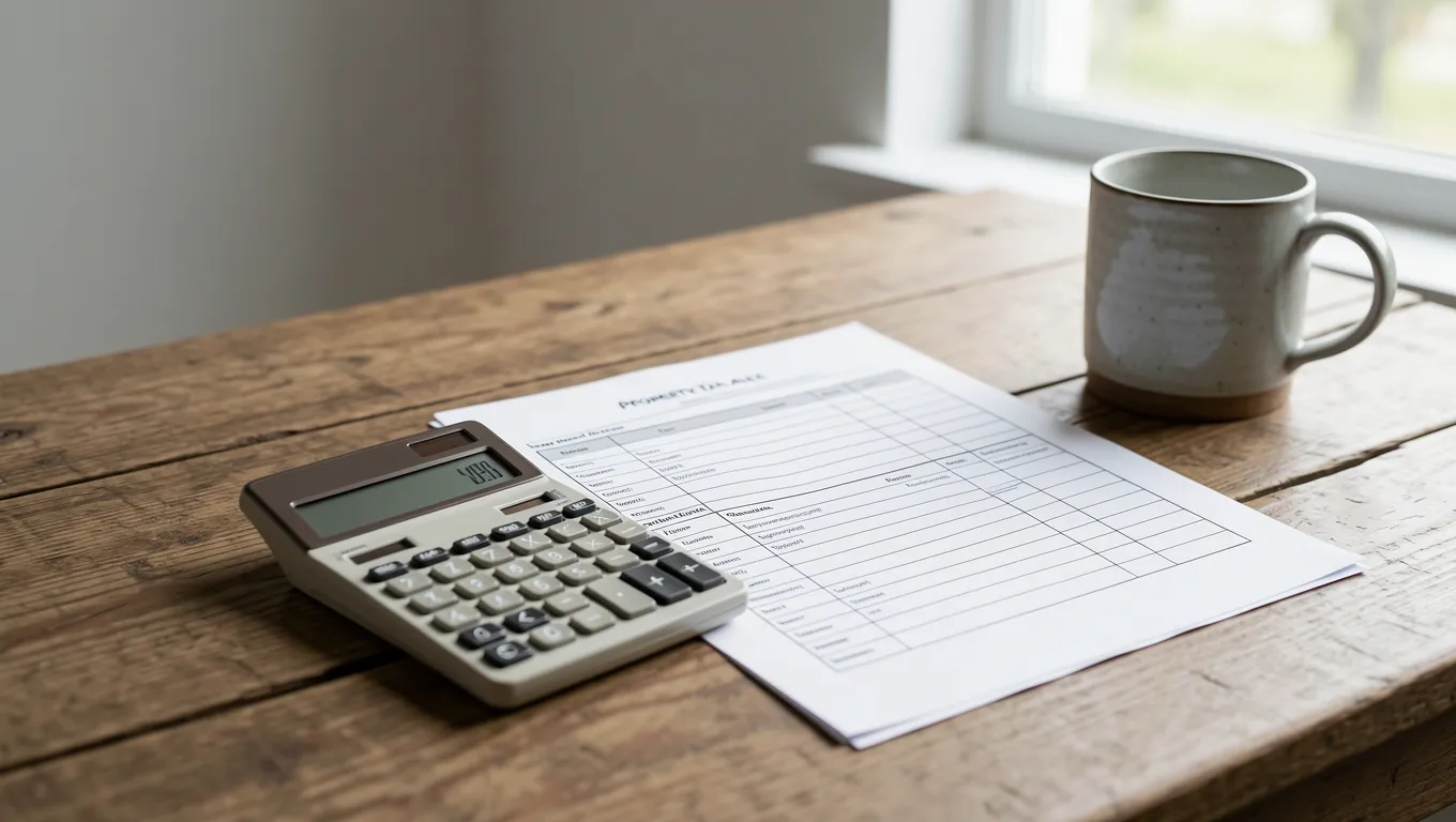 Property tax assessment notice sitting on a wooden desk next to a calculator
