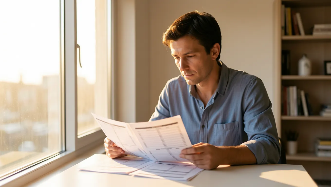A person reviewing their personal financial documents near a sunny window