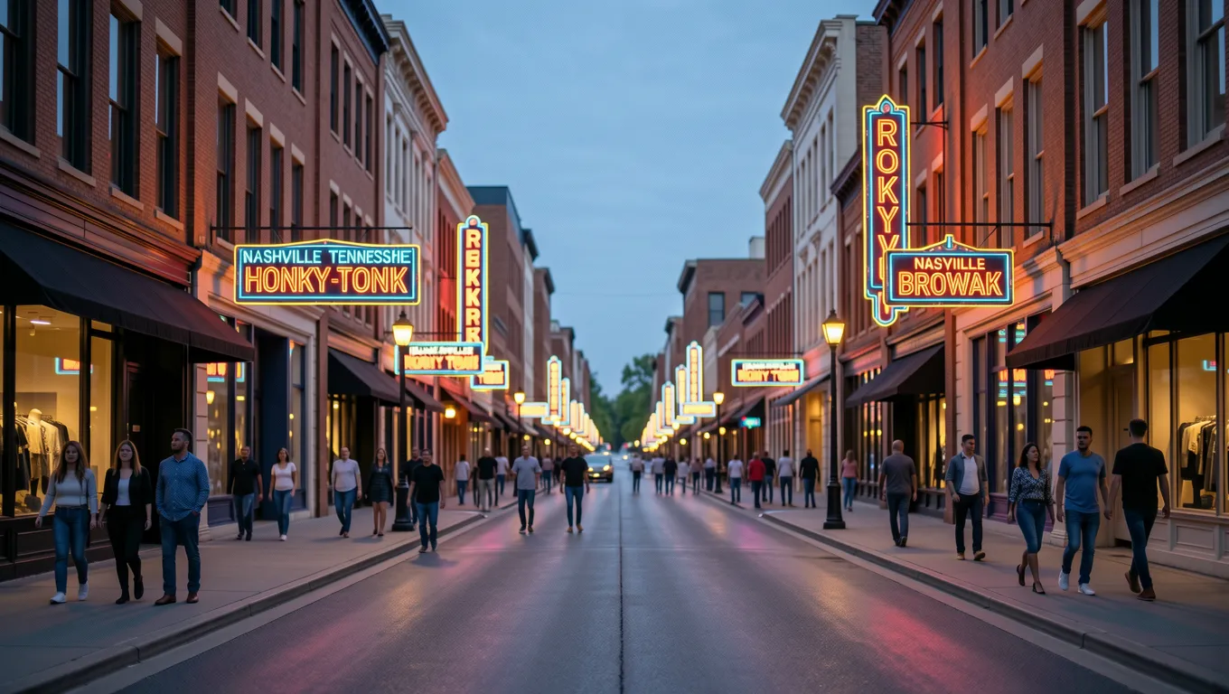 Nashville Broadway street with neon honky-tonk signs at dusk