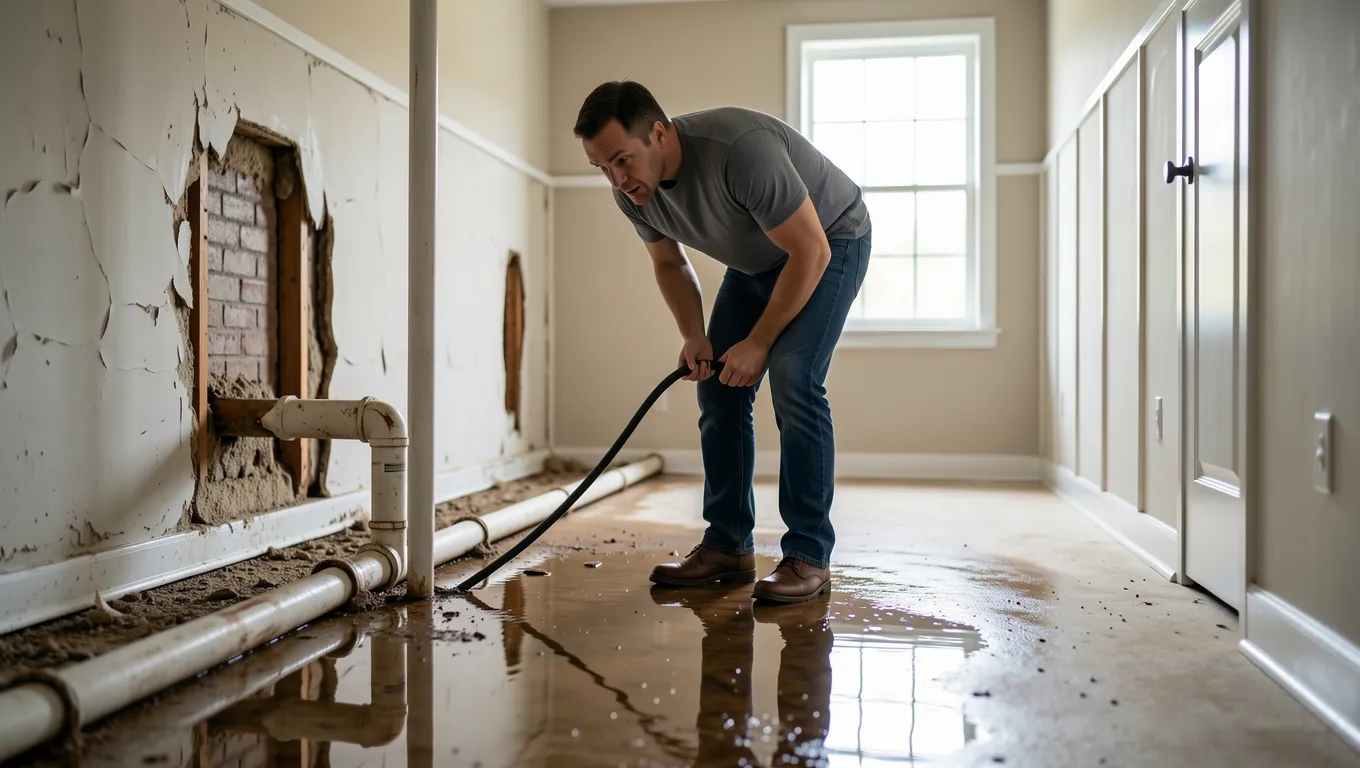 Tennessee homeowner inspecting basement water damage from burst pipe