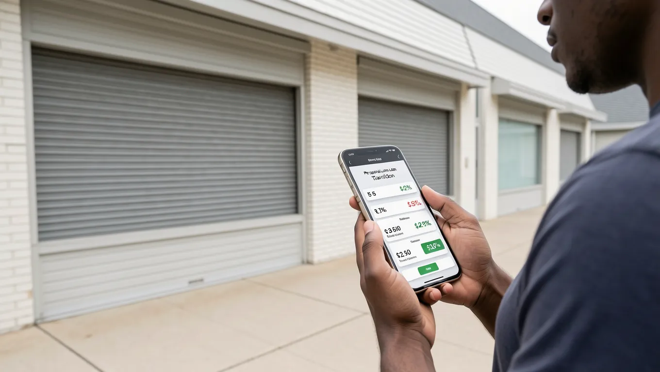 Closed payday lender storefront with personal loan comparison on phone