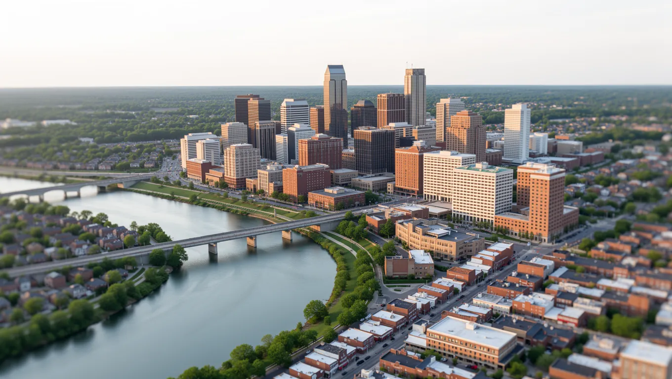 Aerial view Nashville skyline with Cumberland River and neighborhoods